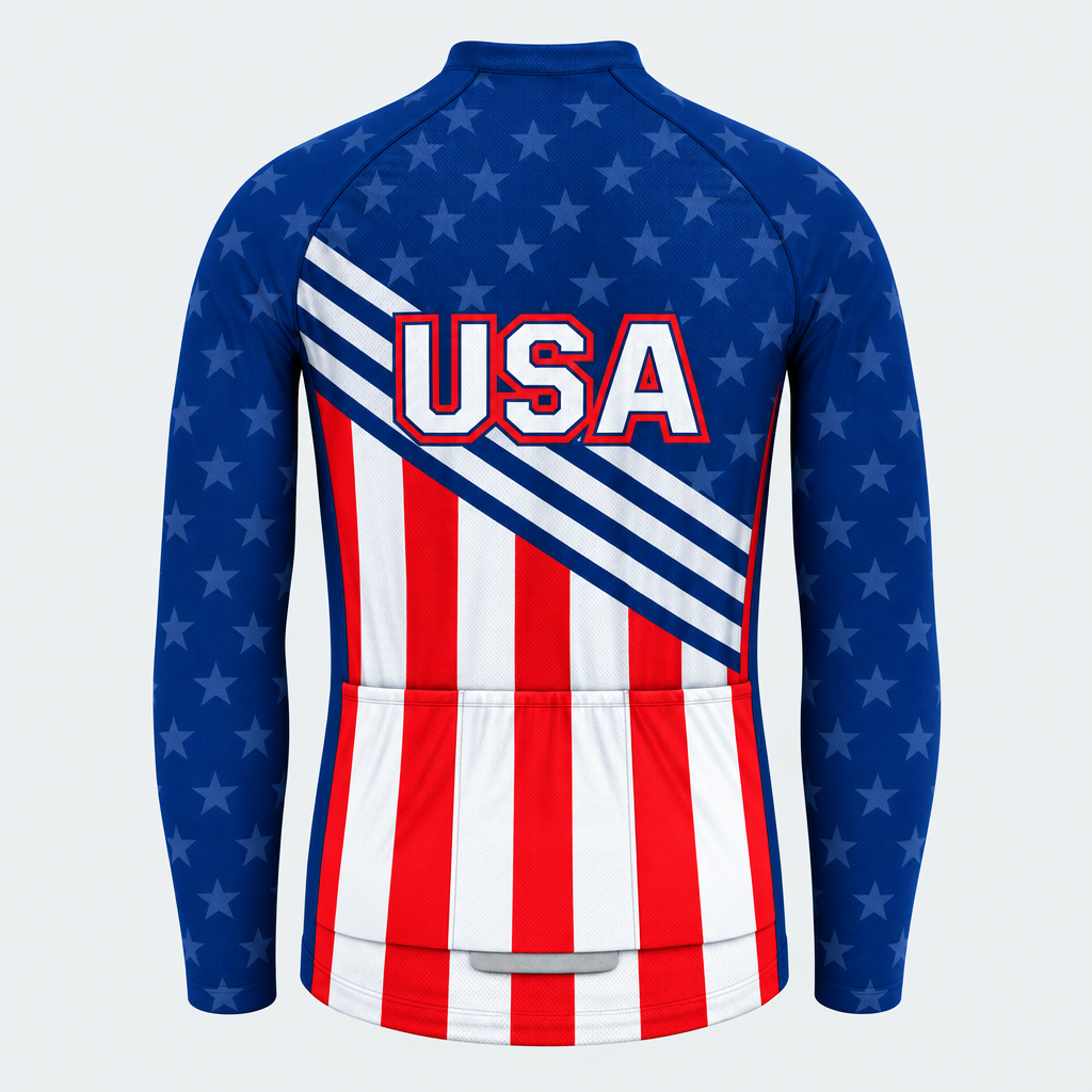 Men's Personalized Long Sleeve Cycling Jersey – US Patriotic Red Blue White - Back