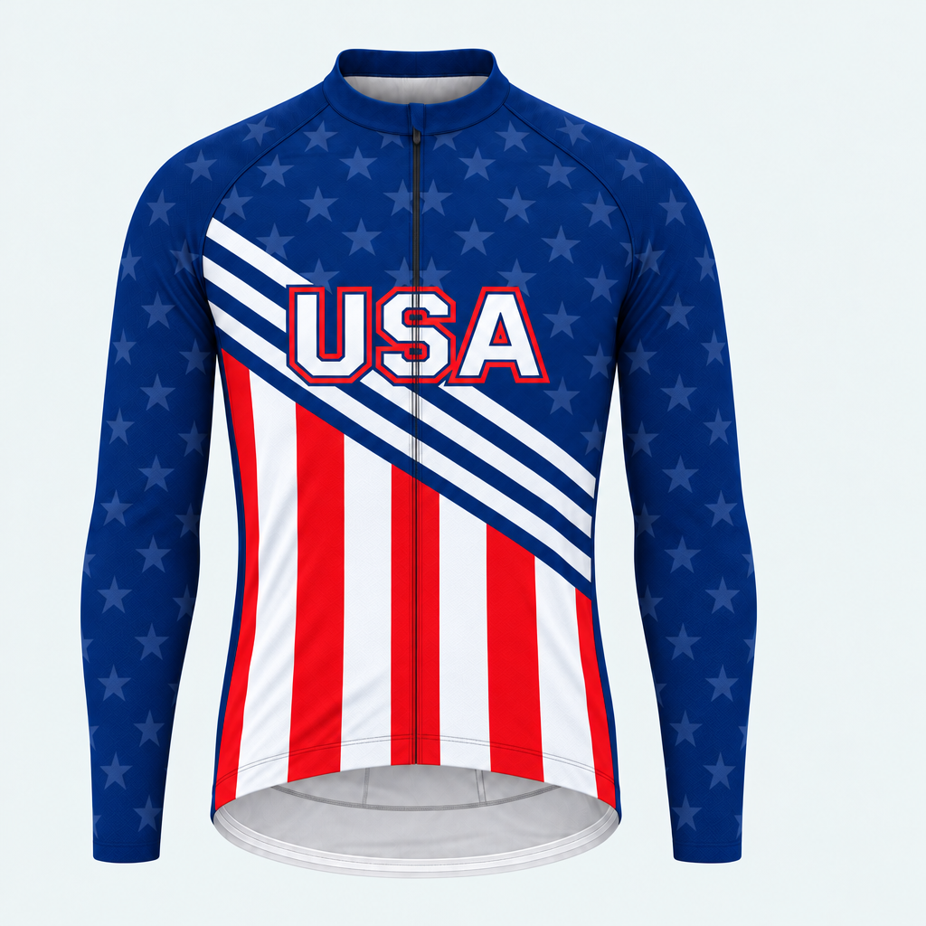 Men's Personalized Long Sleeve Cycling Jersey – US Patriotic Red Blue White - Front