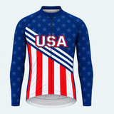 Men's Personalized Long Sleeve Cycling Jersey – US Patriotic Red Blue White - Front