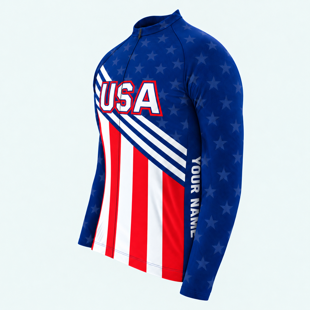 Men's Personalized Long Sleeve Cycling Jersey – US Patriotic Red Blue White - Side
