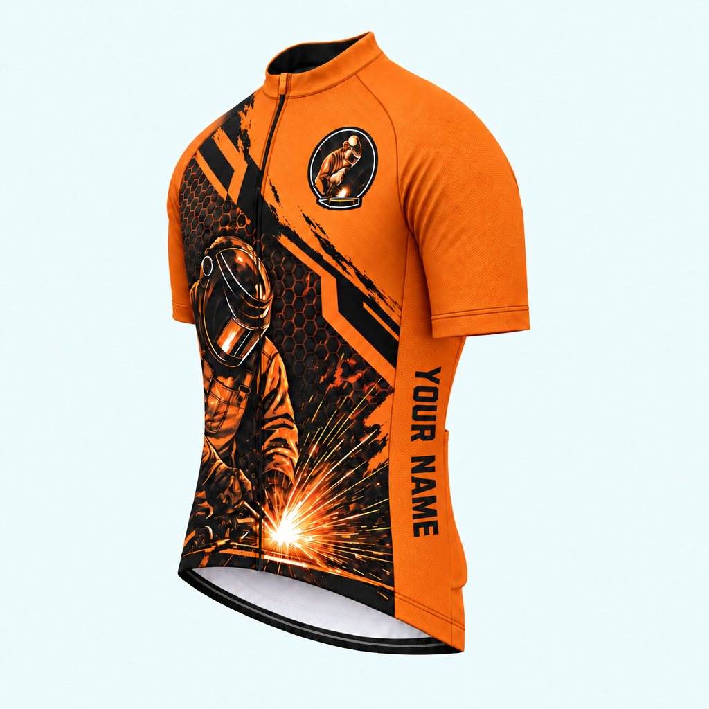 Men's Personalized Short Sleeve Cycling Jersey – Welder Welding Sparks - Front 45°