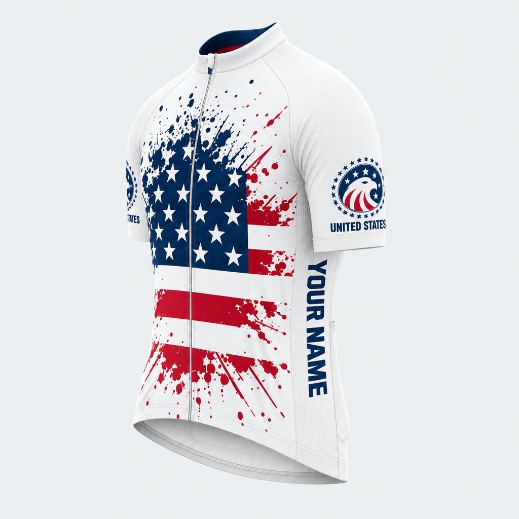 Men's Personalized Short Sleeve Cycling Jersey – US Patriotic Flag Splash - Front 45°