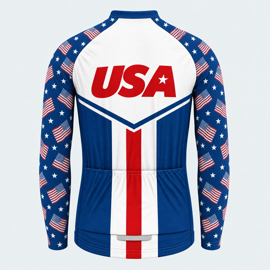 Men's Personalized Long Sleeve Cycling Jersey – US Patriotic Red USA Text - Back