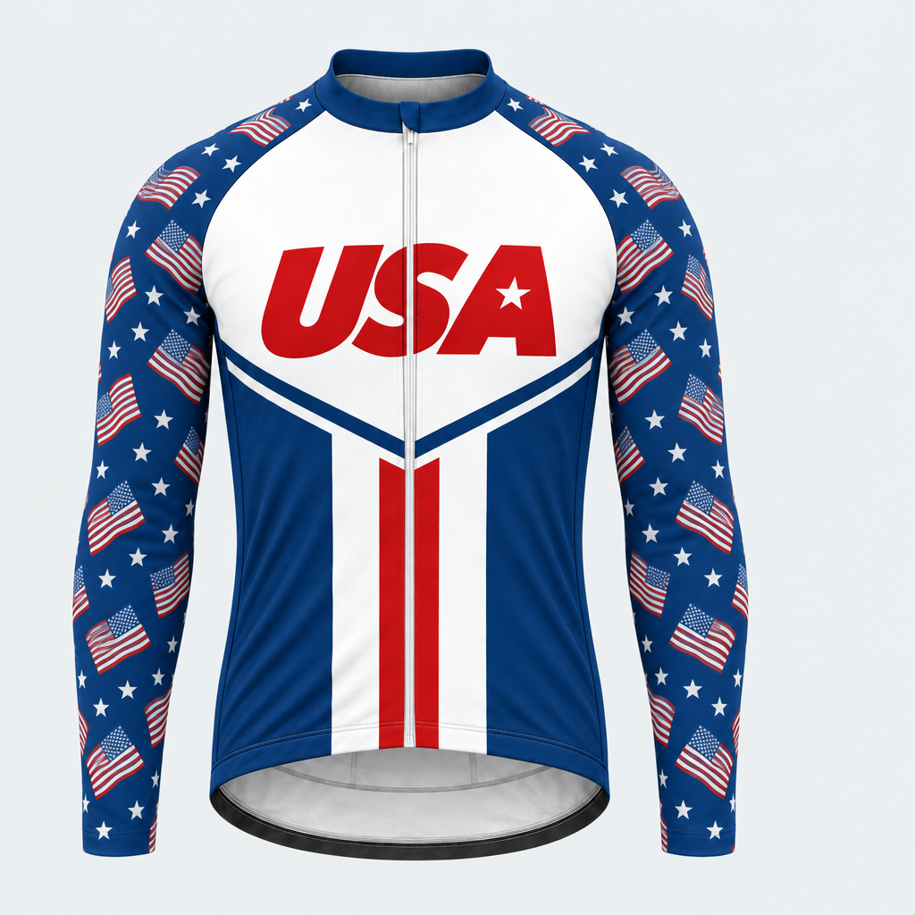 Men's Personalized Long Sleeve Cycling Jersey – US Patriotic Red USA Text - Front