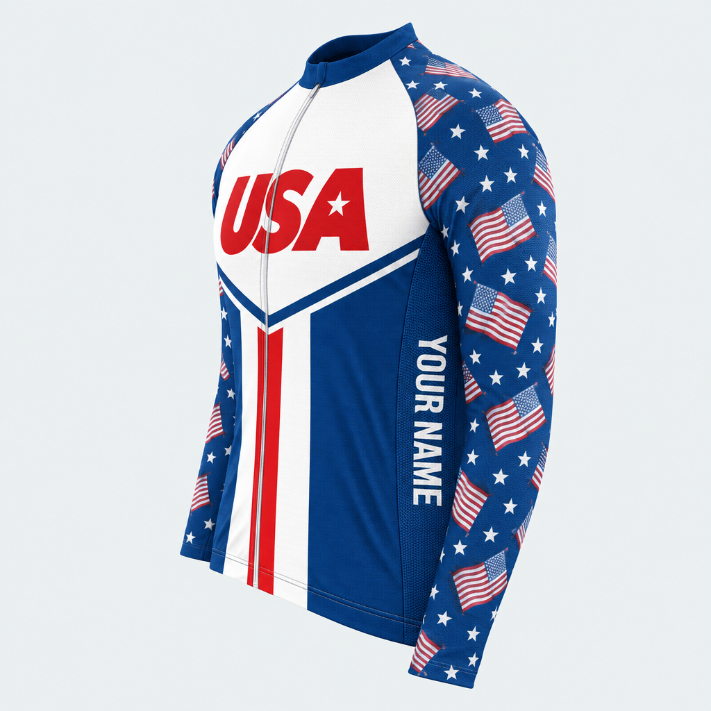 Men's Personalized Long Sleeve Cycling Jersey – US Patriotic Red USA Text - Side