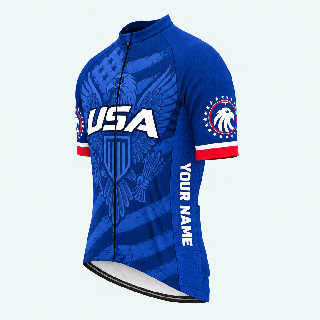 Men's Personalized Short Sleeve Cycling Jersey – US Patriotic USA Eagle Crest - Front 45°