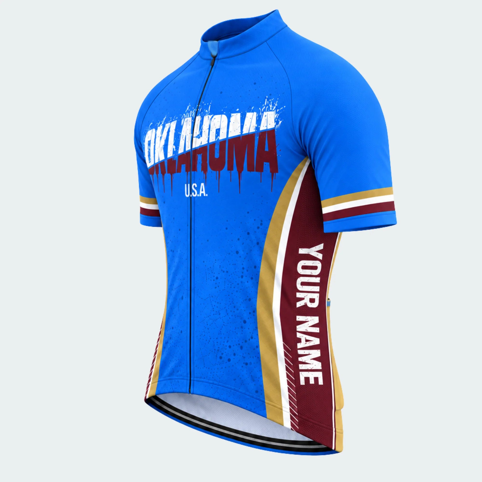Men's Personalized Short Sleeve Cycling Jersey – Oklahoma Bold Stamp - Front 45°
