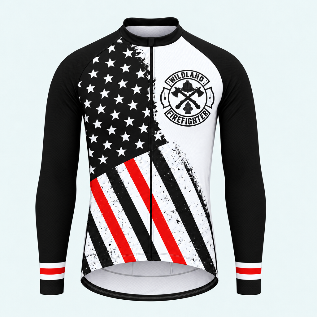 Men's Personalized Long Sleeve Cycling Jersey – Wildland Firefighter Iron Badge - Front