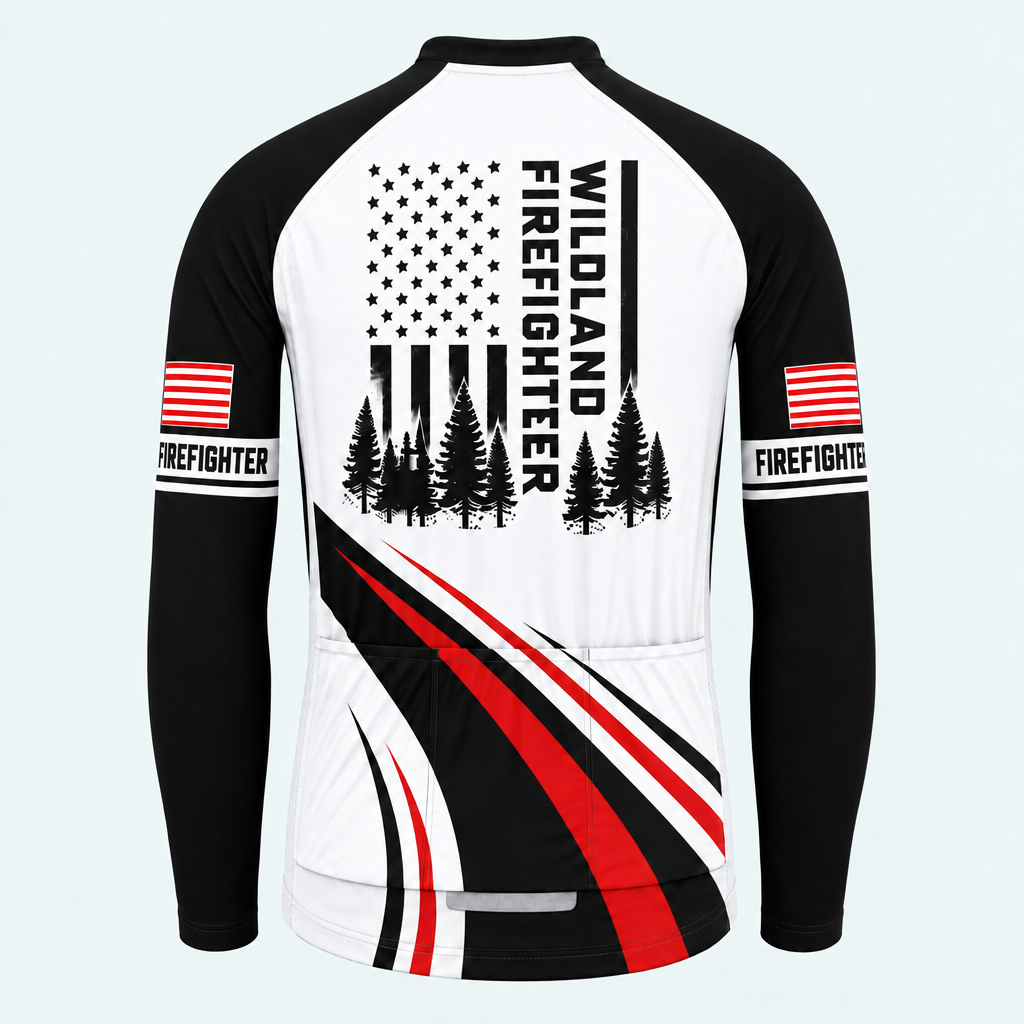 Men's Personalized Long Sleeve Cycling Jersey – Wildland Firefighter Forest Flag - Back