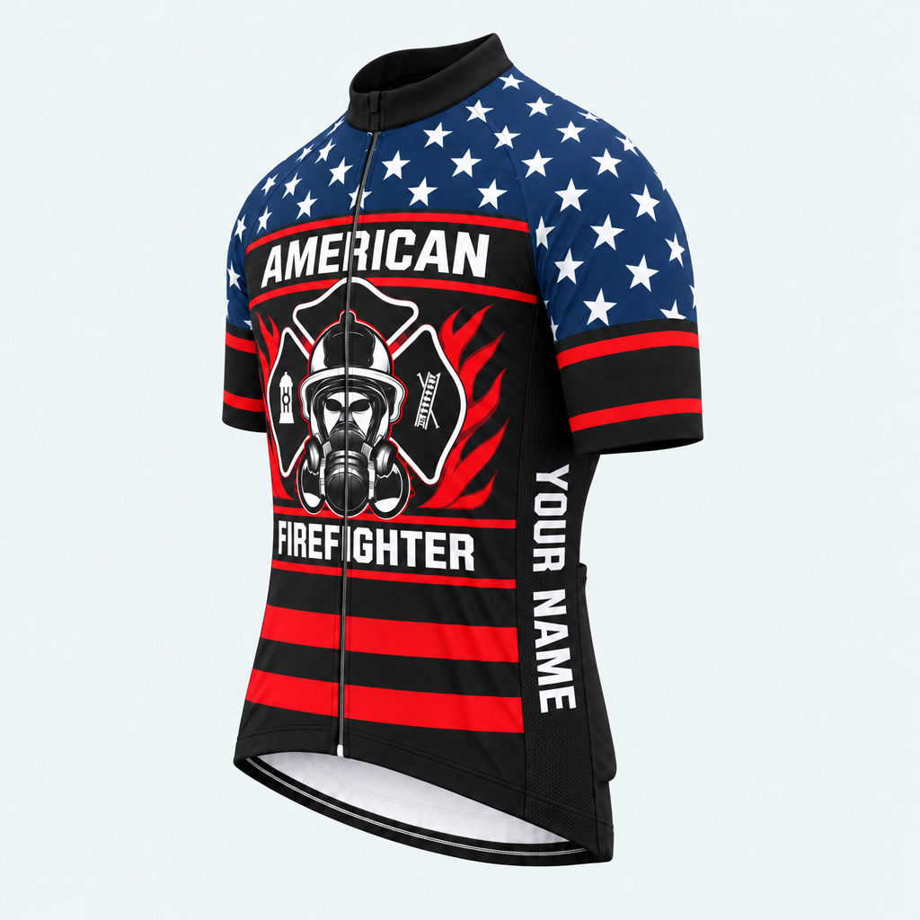 Men's Personalized Short Sleeve Cycling Jersey – US Firefighter And US Flag - Front 45°