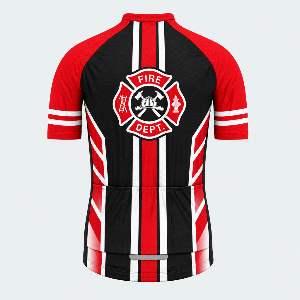 Men's Personalized Short Sleeve Cycling Jersey – US Firefighter Red And White Stripes - Back
