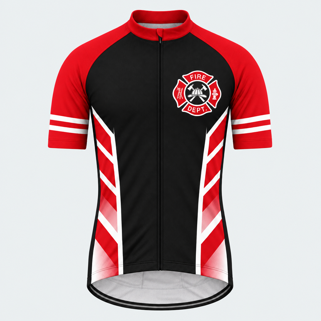 Men's Personalized Short Sleeve Cycling Jersey – US Firefighter Red And White Stripes - Front