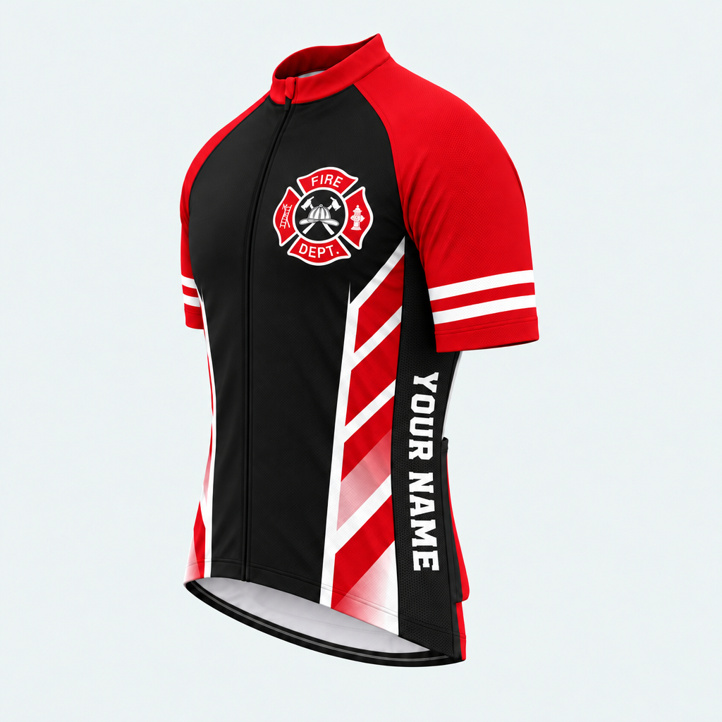 Men's Personalized Short Sleeve Cycling Jersey – US Firefighter Red And White Stripes - Front 45°