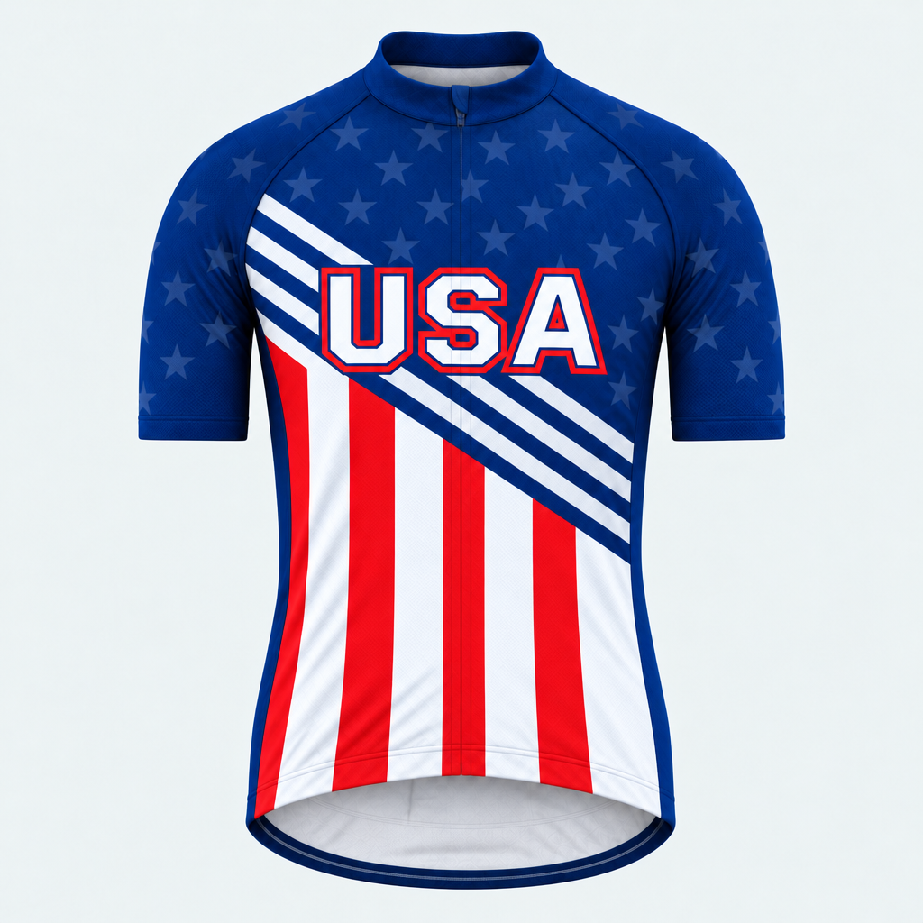 Men's Personalized Short Sleeve Cycling Jersey – US Patriotic Red Blue White - Front