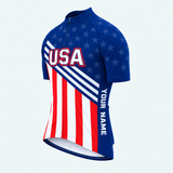 Men's Personalized Short Sleeve Cycling Jersey – US Patriotic Red Blue White - Front 45°