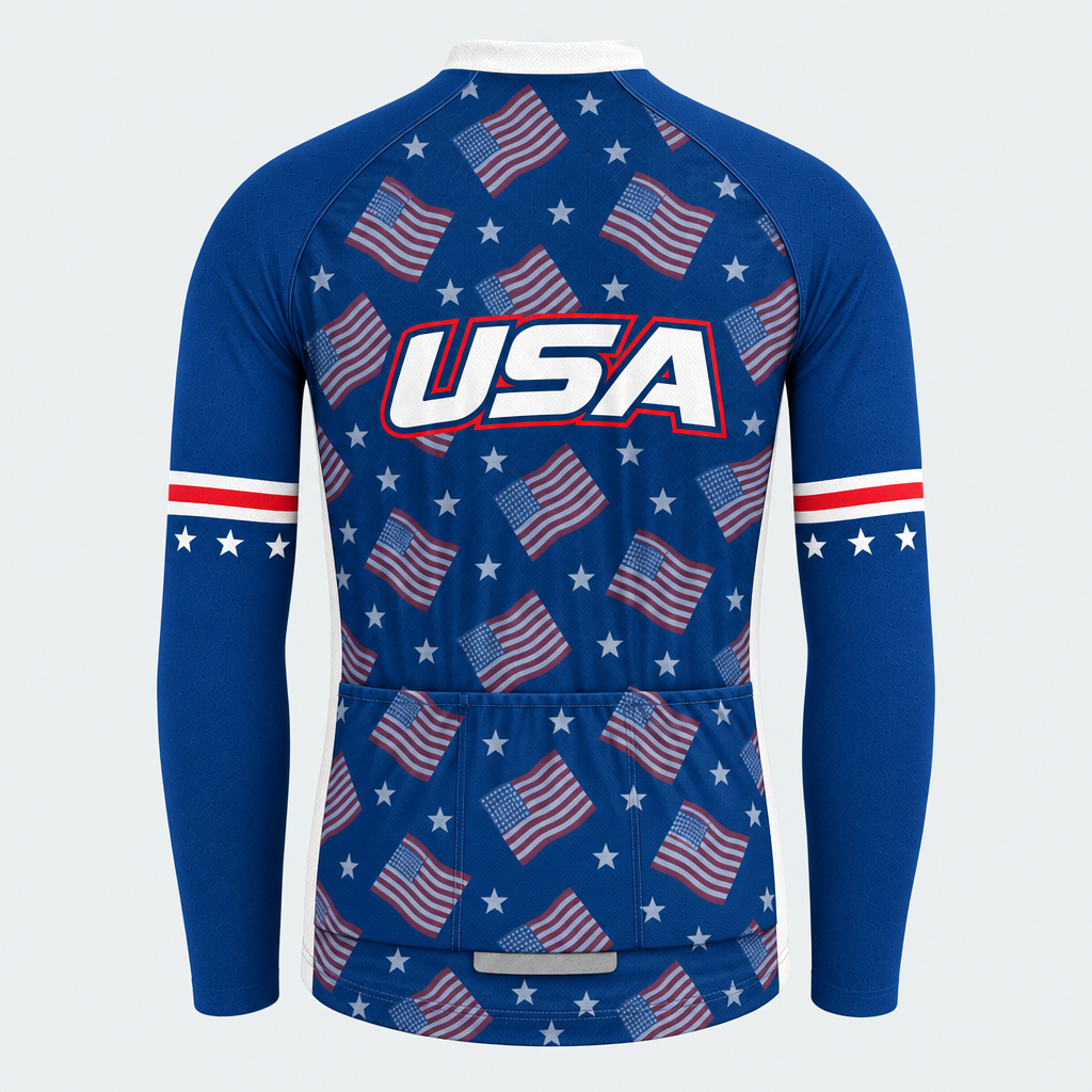 Men's Personalized Long Sleeve Cycling Jersey – US Patriotic Repeated Flags - Back